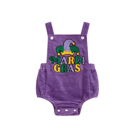 BemeyourBBs Baby Girl Boy MardiGras Outfit Carnival Clothes Corduroy Romper Jester Hat Letter Embroidered Square Neck Sleeveless Newborn Jumpsuit