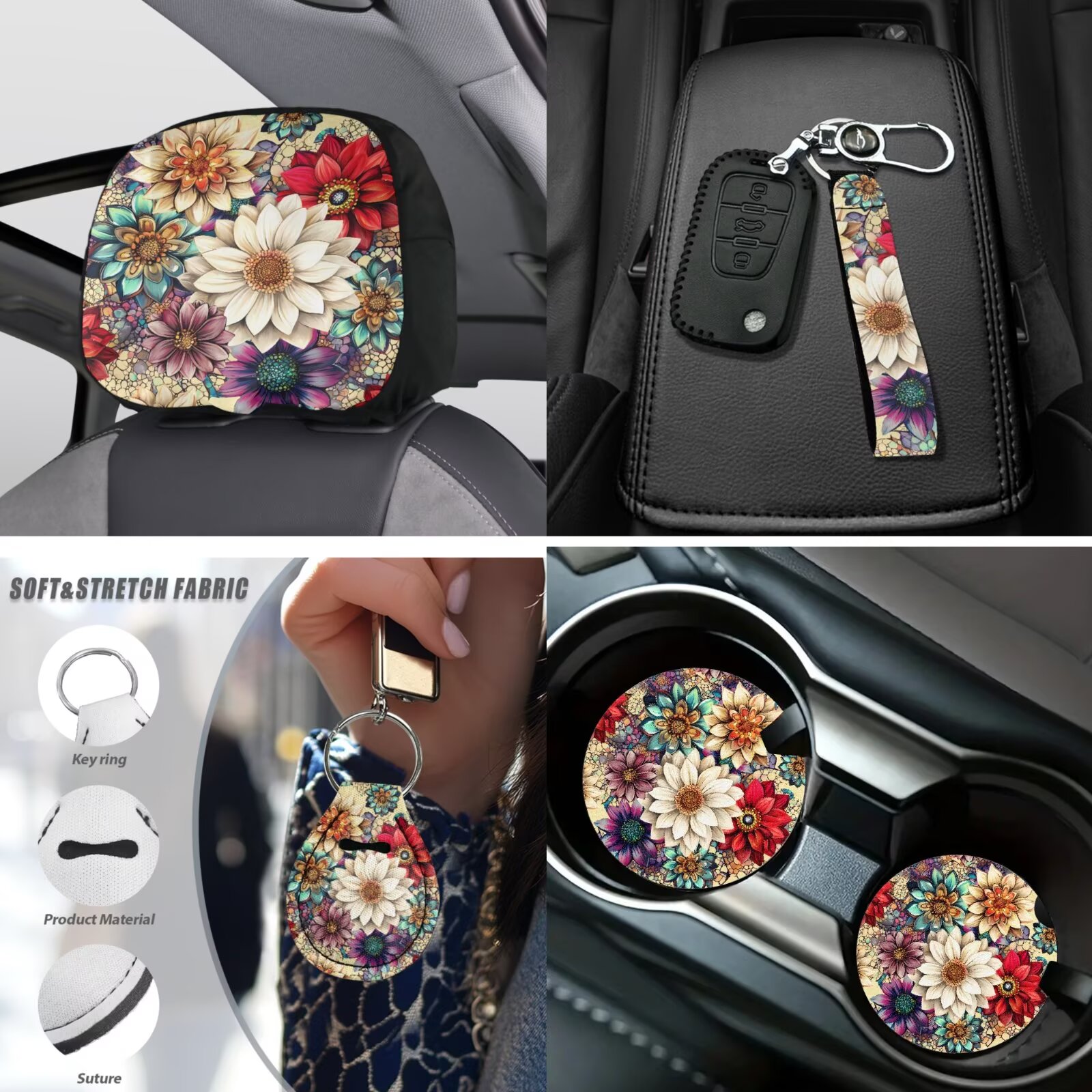 Uorisanigo Dahlia Design Car Seat Covers Full Set with Armrest & Seat Belt Covers, Steering Wheel & Handbrake Protectors, Headrest and Shift Knob Cover, Cup Holder Coaster, Keychains - 18 Pack