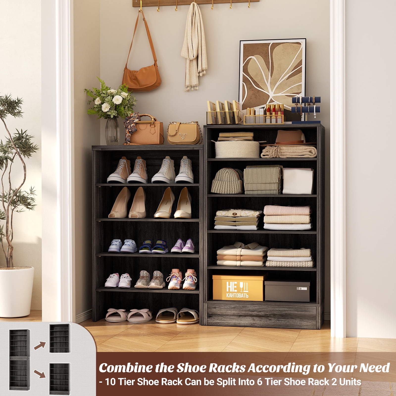 Homieasy Tall Shoe Cabinet, 10 Tiers Narrow Wood Shoe Rack, Shoe Storage Organizer with Open Storage, Vertical Shoe Shelf Tower for 20-22 Pairs, Space Saving, for Closet, Entryway, Bedroom, Black Oak
