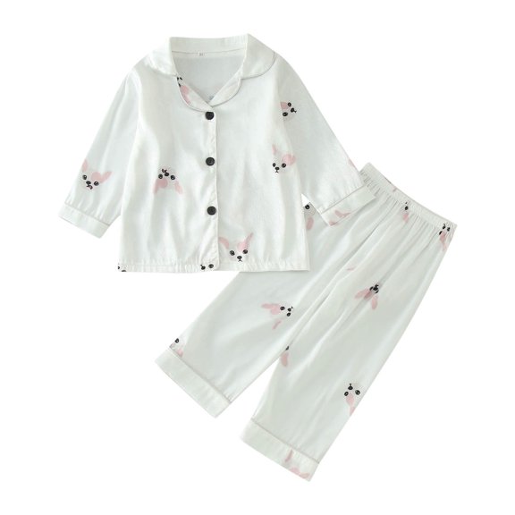 Curuila Toddler Child Girls Pajamas Set Long Sleeve Cartoon Print Lapel Button Down Pjs Tops With Pants Spring Autumn Casual Sleepwear White Size 2-3 Years