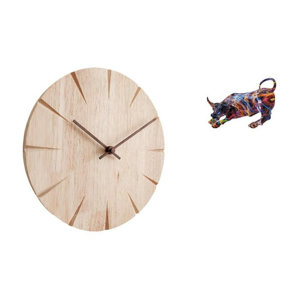 Reloj de pared redondo,Reloj de pared de madera para decoración de sala de estar,Reloj de pared de madera para dormitorio creativo,Estatua de toro de resina,Pintura Resina Toro Estatua