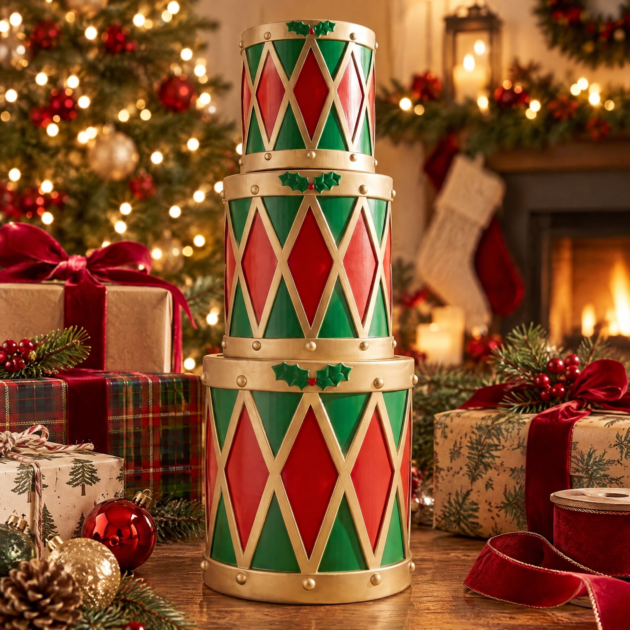 Blow Mold Stacked Drums Christmas Decoration, Red/Green/Gold, 33", by Holiday Time