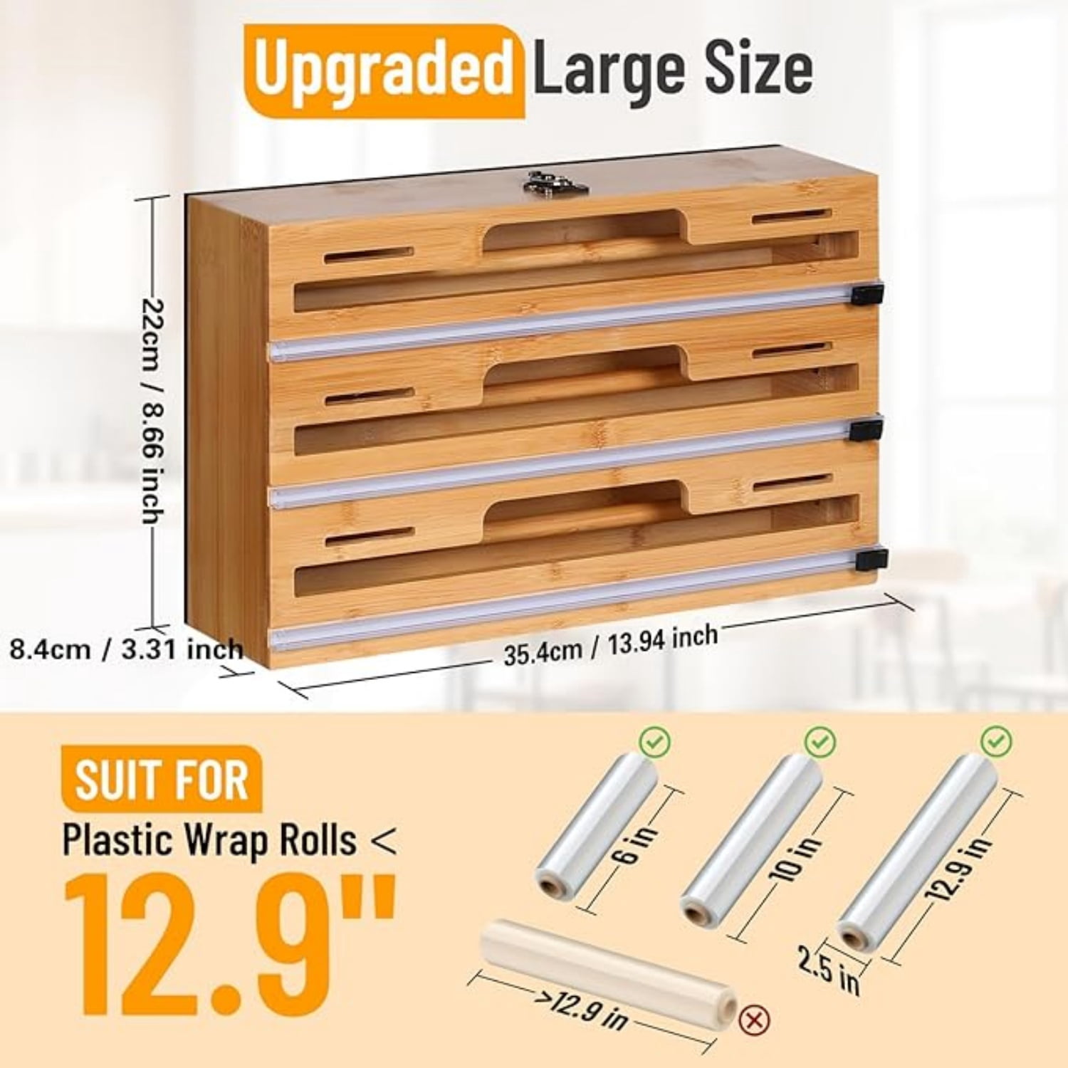 Magnetic Plastic Wrap Dispenser with Cutter, 3 in 1 Refrigerator Bamboo Wood Organizer for Tin Foil, Baking Paper, Wax Paper Holder Kitchen Storage Box Compatible with 12.9" Roll (3 Layer)