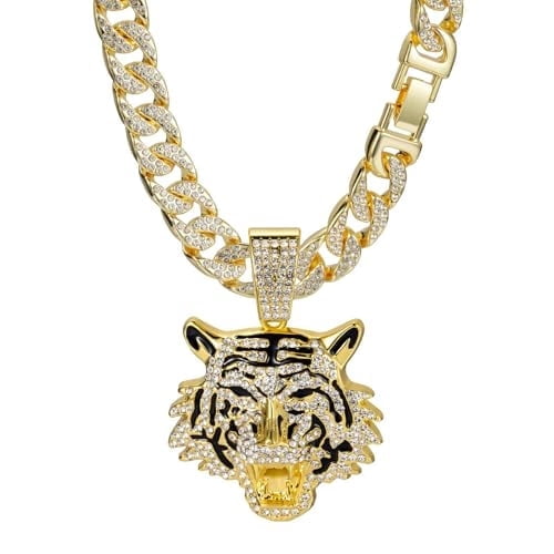 Gold Plated Hip Hop Necklace Cuban Chain Alloy Full Tiger Head Pendant Necklace Hip Hop Style Jewelry Men's Hip Hop Necklace Pendant Chain Length 19.69 inches (golden)