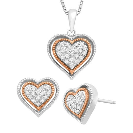 1/5 ct Diamond Heart Earring & Pendant Set in Sterling Silver & 14kt Rose Gold