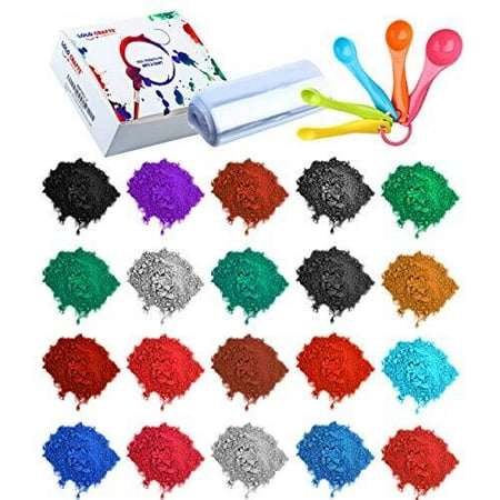 Bath Bomb Soap Making Supplies - 24 Pack Mica Pigment Powder Dye, 100 Shrink Wrap Bags, 5 Colored Measuring Spoons Kit for DIY Crafts Slime Soap Bath Bomb Resin (10