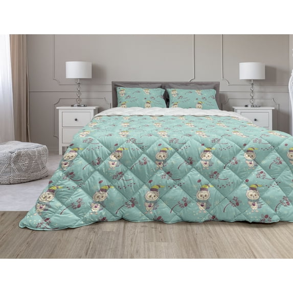 Owl Print Comforter & Sham Bedding Set, New Year Winter Themed Pattern with Bird Snowflakes and Branches, 3 pcs Duvet Set Microfiber Filling Quilt, 5 Sizes, Seafoam Multicolor, by Ambesonne
