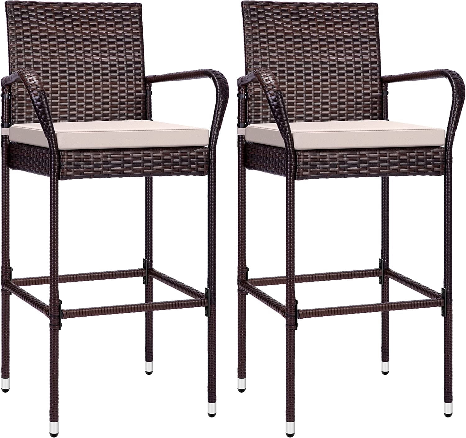 SPECSTAR Outdoor Wicker Bar stools Chair with Armrests and Cushions, 2-Packs Set