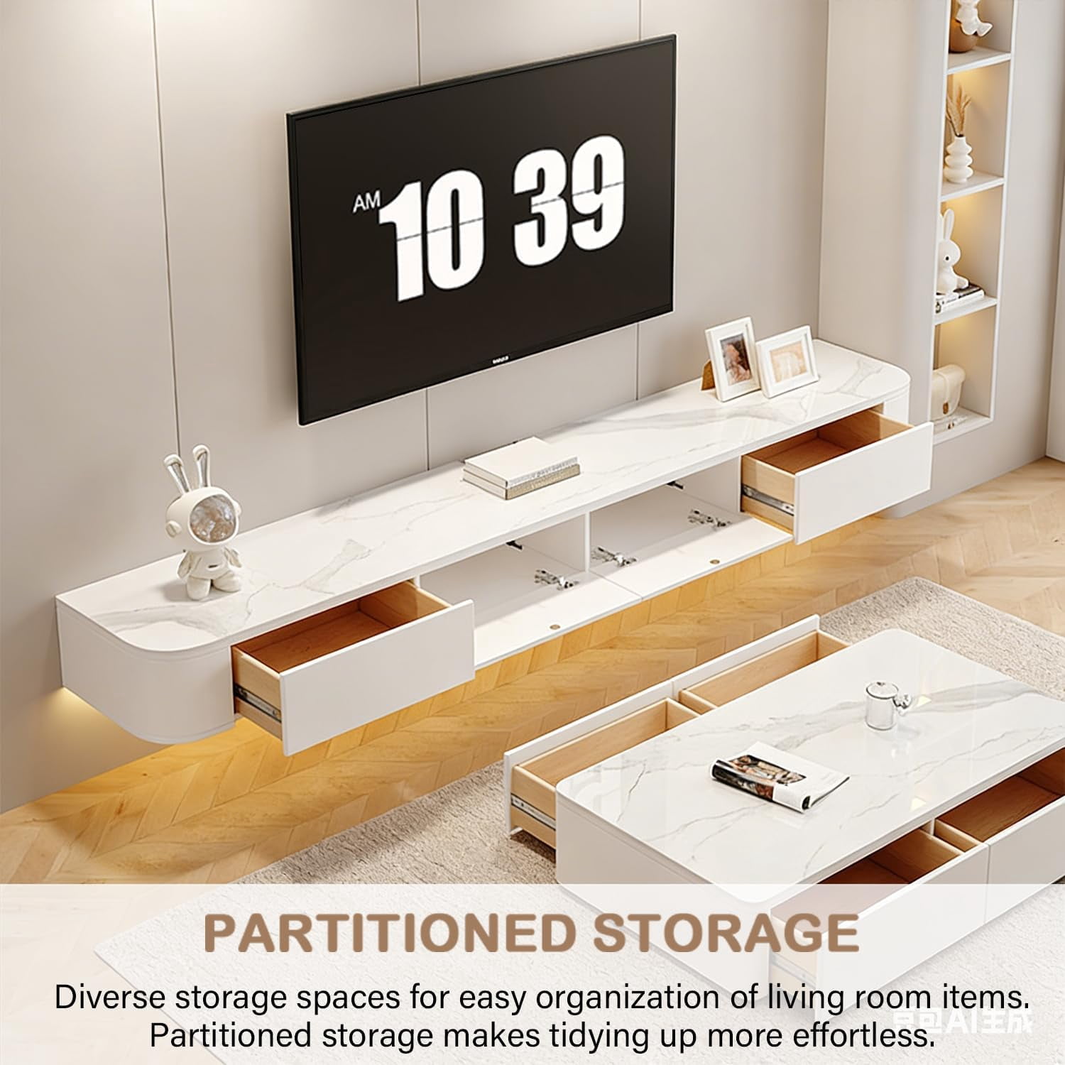 Modern Floating TV Unit with LED Lighting | Wall-Mounted Entertainment Media Console | Large Storage TV Bench for Living Room & Office (Texture + White, 70.8'')