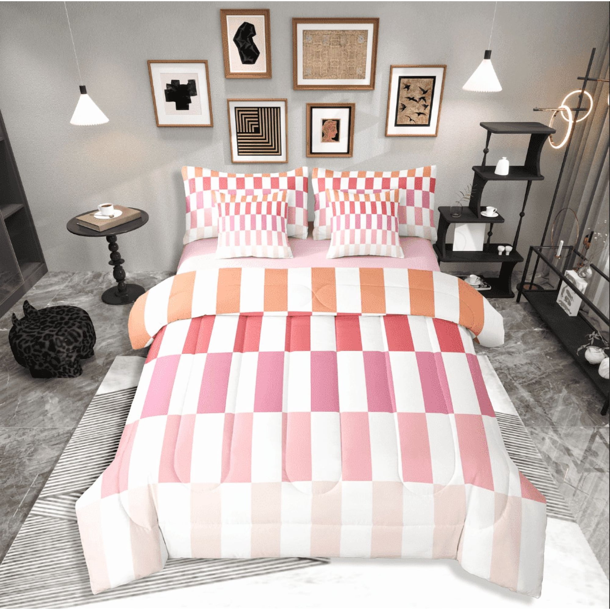Castle Fairy Geometric Lattice Girl 7pcs Bedding Comforter Set Pink Orange Queen Bedding Sets Super Cozy Colorful Rectangle Queen Sheet Sets Luxury Bedroom Decor