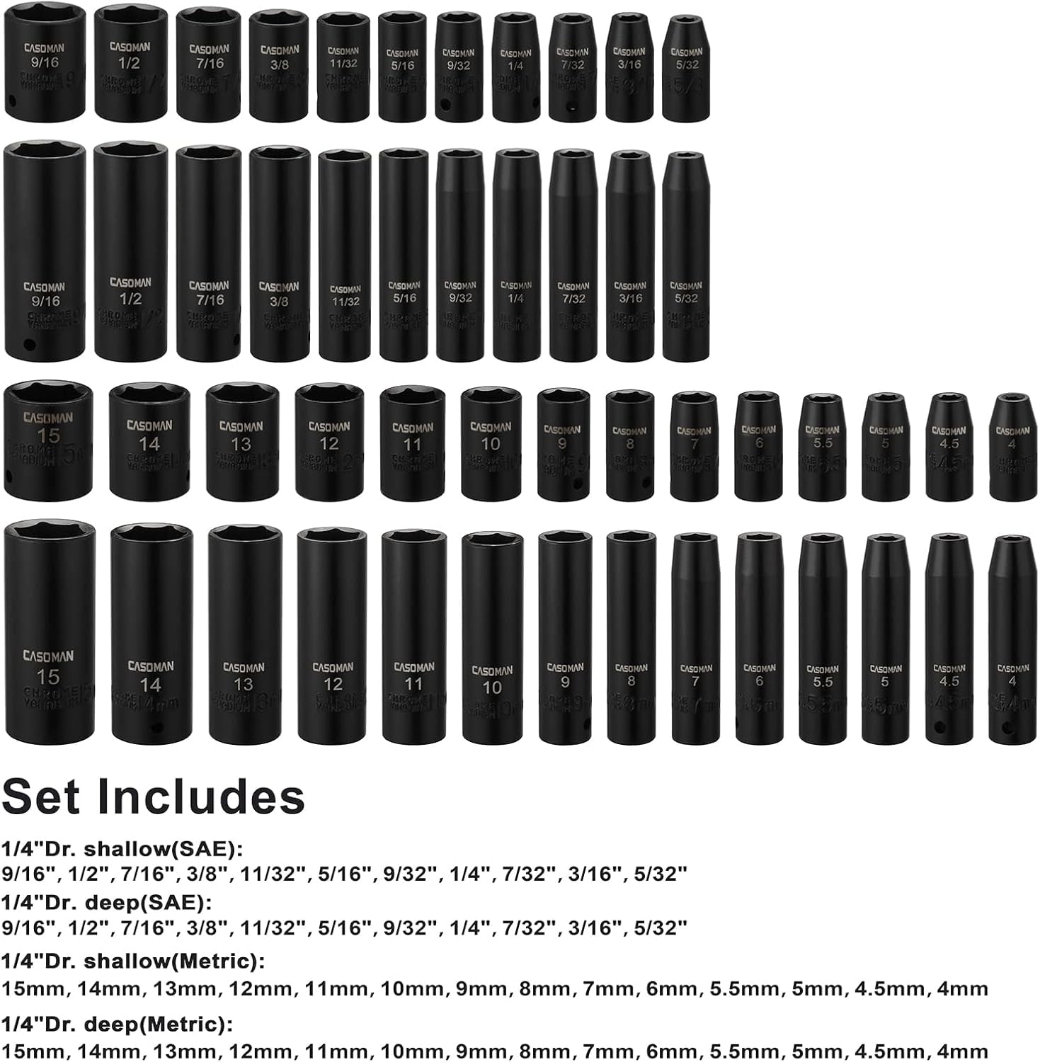 CASOMAN 1/4 Inch Drive Master Impact Socket Set, 50-Piece, 6-Point, SAE/Metric, 5/32 Inch - 9/16 Inch, 4mm - 15mm, Standard/Deep,CR-V