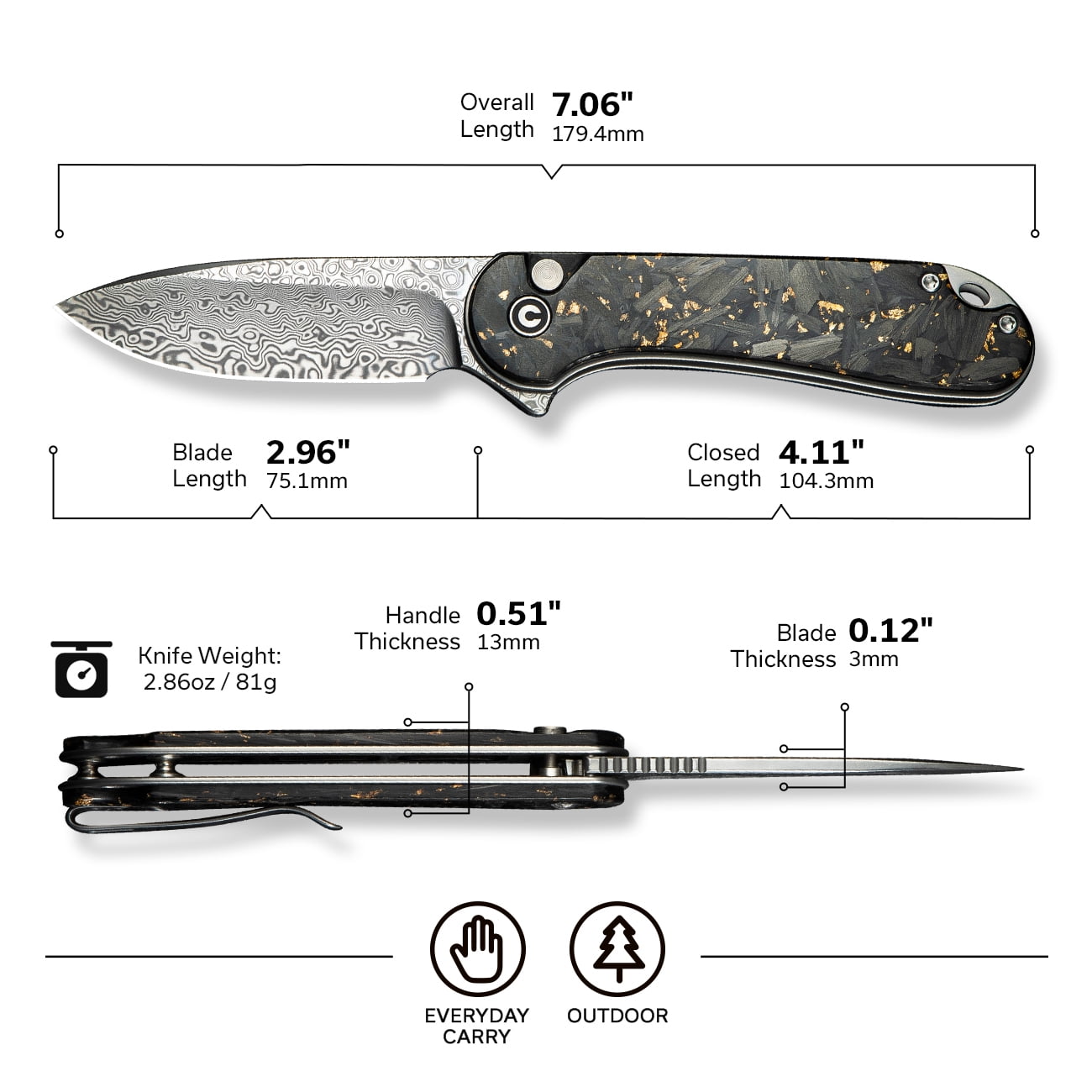 CIVIVI Elementum II Pocket Folding Knife, 2.96" Damascus Blade Knife C18062P-10
