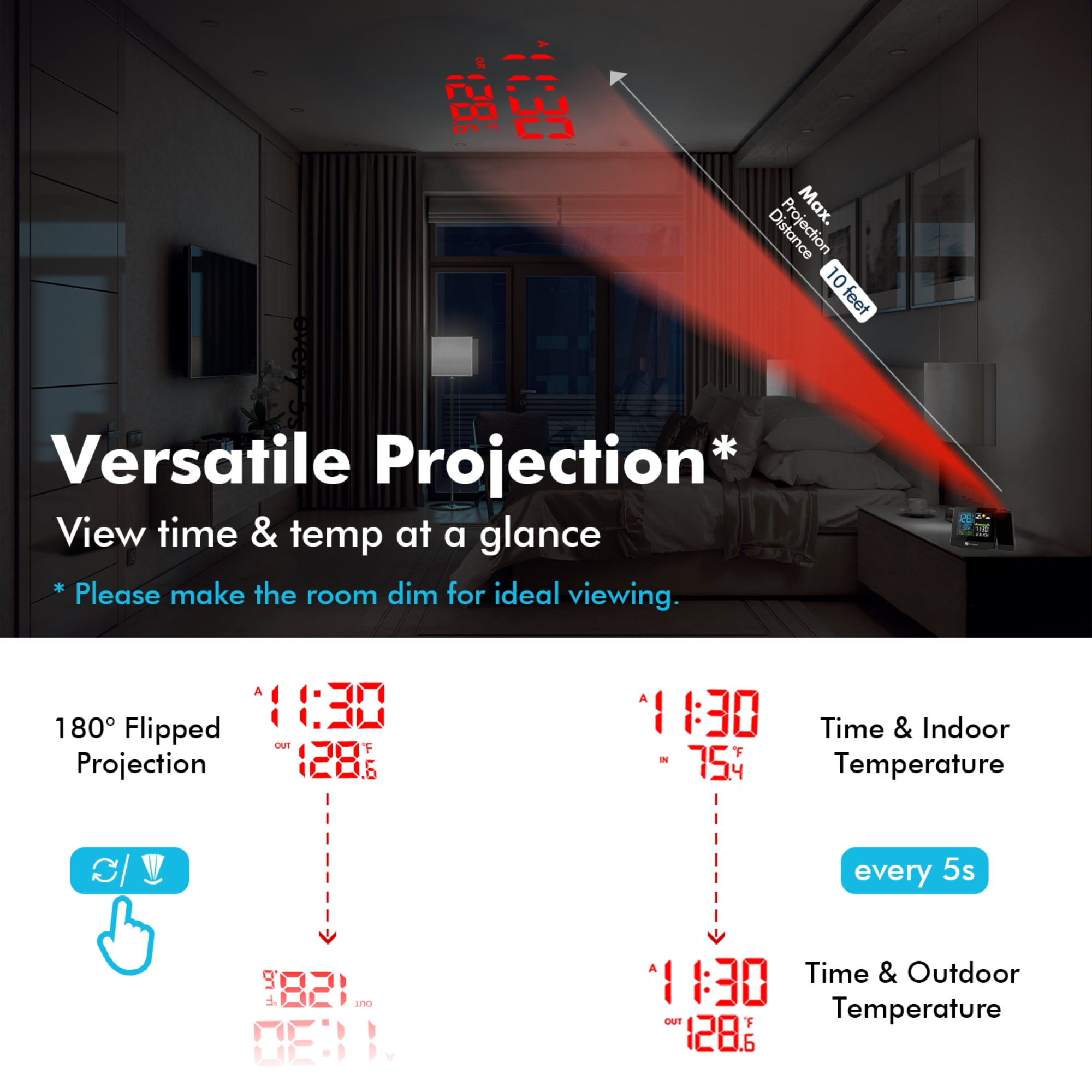 Dr. Prepare Projection Alarm Clock, Digital Clock Projector on Ceiling with Indoor/Outdoor Temperature Display, Dual Alarms, Colored Backlight, Weather Forecast for Bedroom
