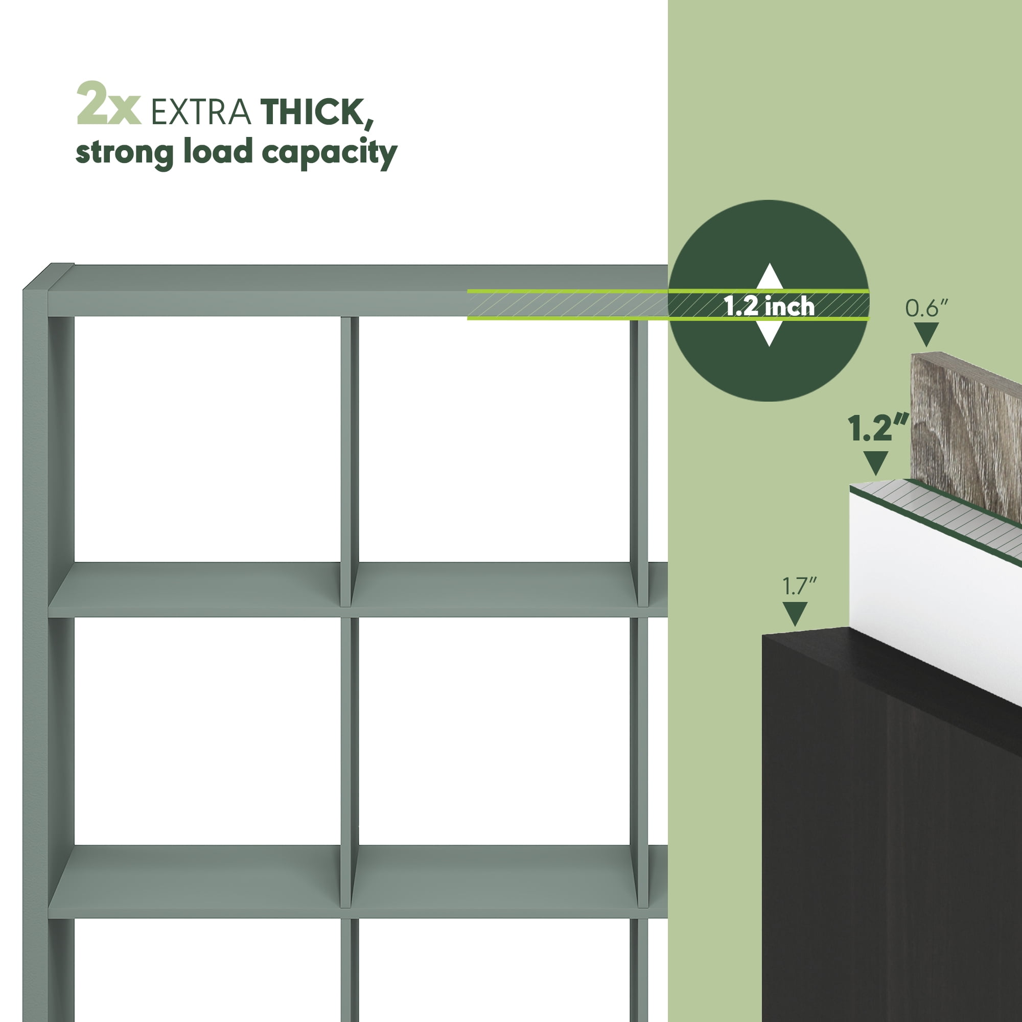 Furinno CUBICLE Book Shelf, 9-Cube Thick Frame Bookshelf, Reversible Bookcase with Open Back, 14.6" x 43.8" x 43.8", for Living Room, Bedroom, Home Office, Sage Green