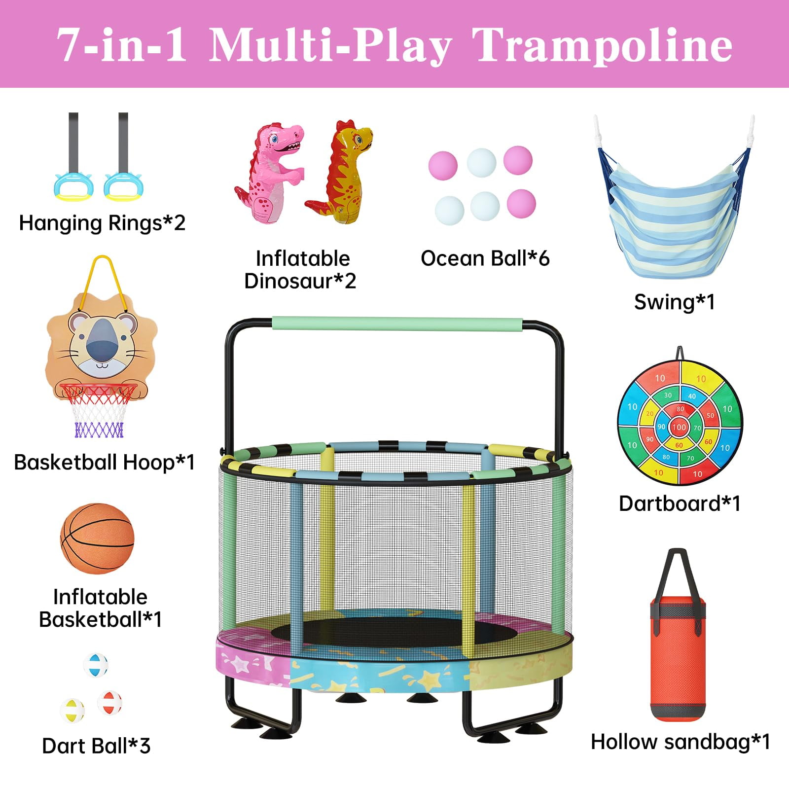 MOOSENG Round Kids Trampoline, Bouncing Trampoline with Safety Enclosure Net, Adjustable Height Handrail, 500lbs Capacity, Designs for Boys & Girls, 7-in-1, 55” (Colorful Star）