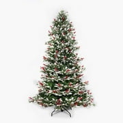 Slim Fir Christmas Tree Artificial Snow Flocked Christmas Tree,Winter Unlit Hinged Xmas Tree with Pine Cones Red Berries Festive Holiday DecorWhite 180cm/6ft