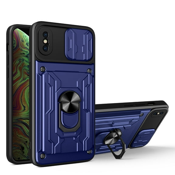 Compatible for iPhone XS Max Hybrid Case with Camera Lens Slide Cover | Rotatable Ring Holder Kickstand | Impact-Resistant Car Mount Magnetic | Detachable Card Slot Protective Shell, Blue