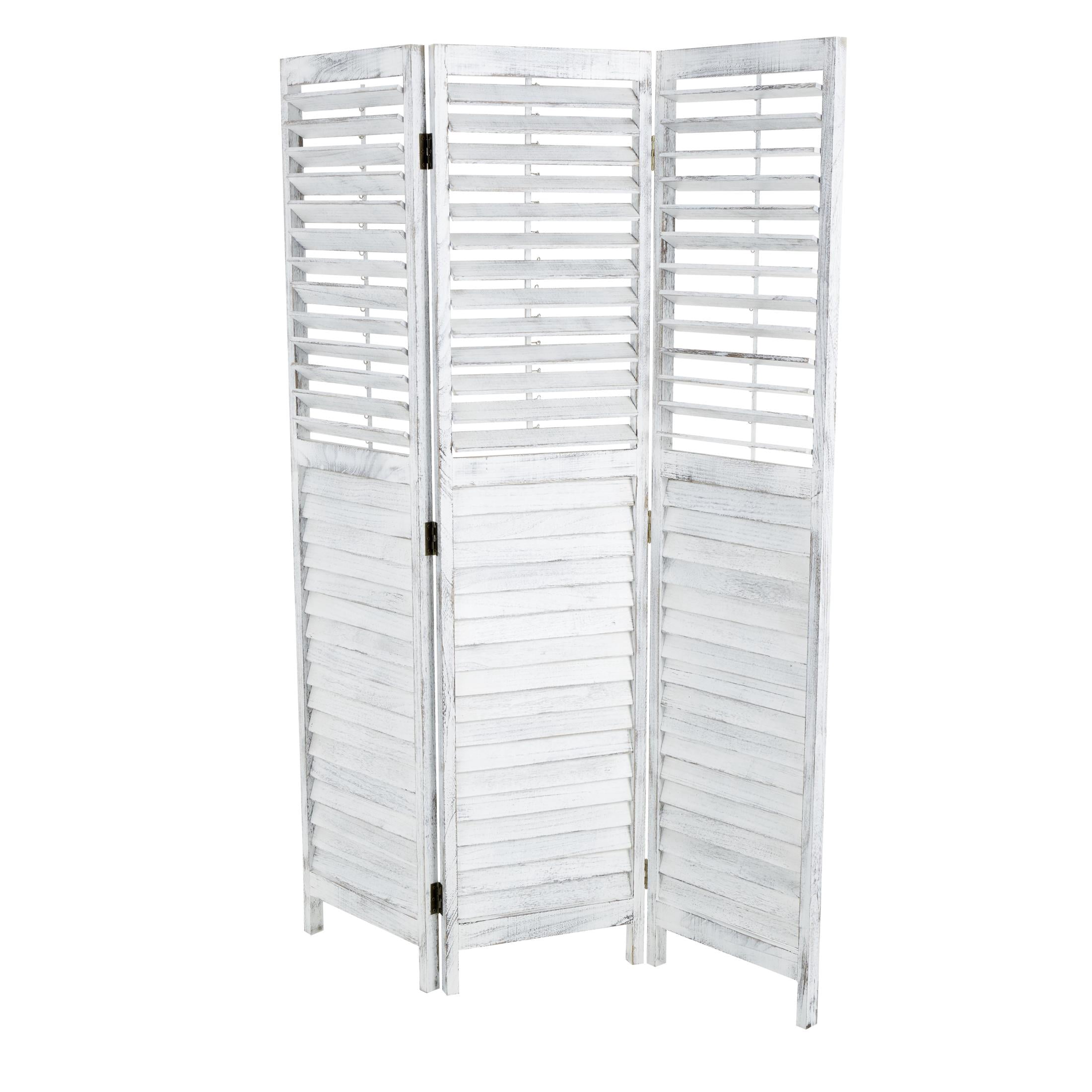 DecMode 47" x 67" White Wood Washed Shutter Top 3 Panel Room Divider Screen with Gray Distressing, 1-Piece