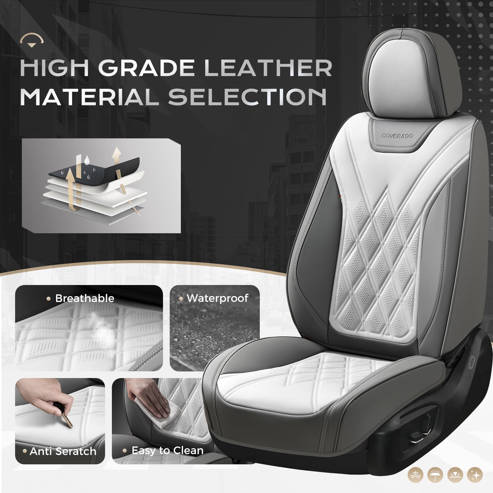 Coverado Front Covers For Cars, Waterproof Faux Leather Seat Protectors 2 Seats, Auto Cushions Universal Fit for Most Cars, Gray