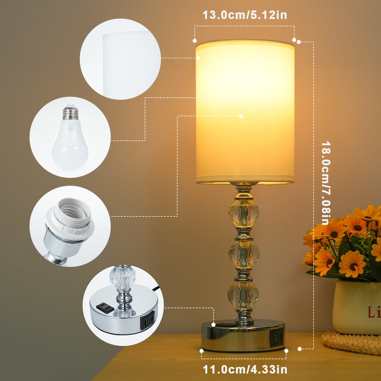 Touch Crystal Table Lamp, Small Bedside Lamp with USB C+A Charging Port and AC Outlet, 3 Way Dimmable Nightstand Lamp for for Bedroom Living Room, Office