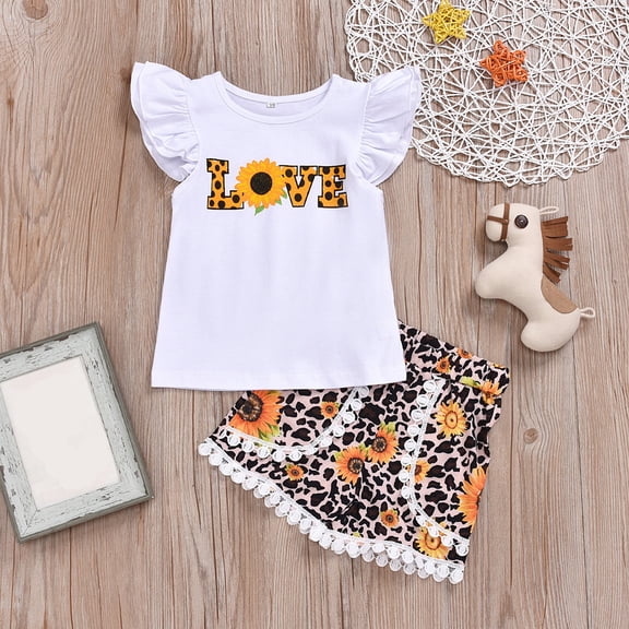 Toddler Outfits for Girls 2 Piece Crew Neck Letter Print Short Sleeve Top And Sunflower Leopard Shorts Beach Girls' Clothing Sets White 2 Years-3 Years