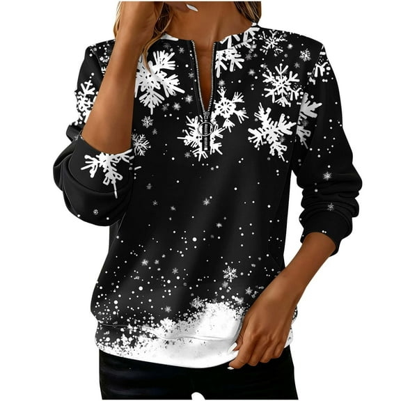 Half Zip Sweatshirts Loose Fit Casual Christmas Crewneck Pullover Tops for Women Colorblock Holiday Outfits (XL, Black 01)