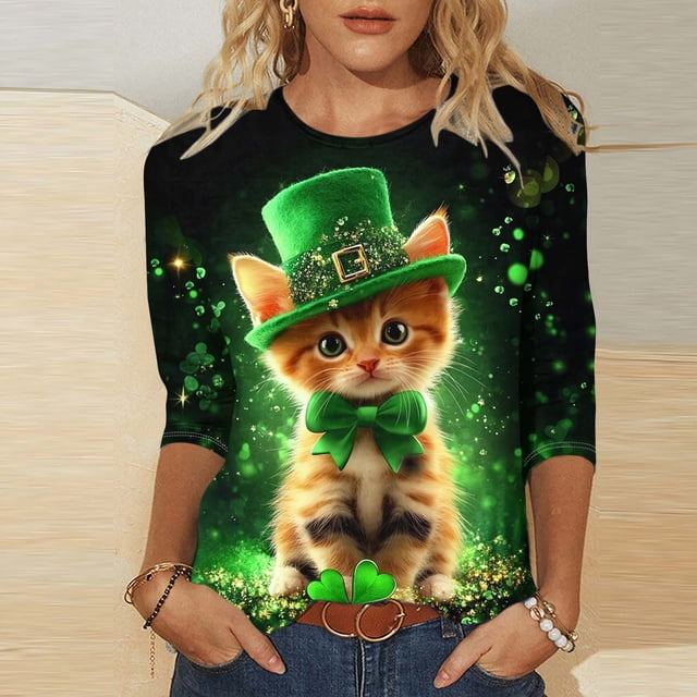 T-Shirt à Col Rond Imprimé de la Saint-Patrick pour Femmes, Manches Trois Quarts 3/4, Coupe Ample