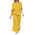 thumbnail image 2 of LEKWK Linen Sets for Women 2 Piece Plus Size Long Sleeve Crewneck Loose Fit Tops and Wide Leg Palazzo Pants Summer Casual Beach Vacation Outfits, 2 of 6