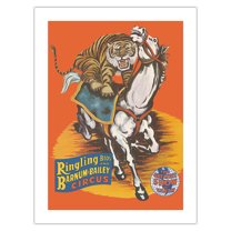 Ringling Bros and Barnum & Bailey Circus - Tiger On Horse - Vintage Circus Poster c.1966 - Bamboo Fine Art 290gsm Paper Print (Unframed) 18x24in