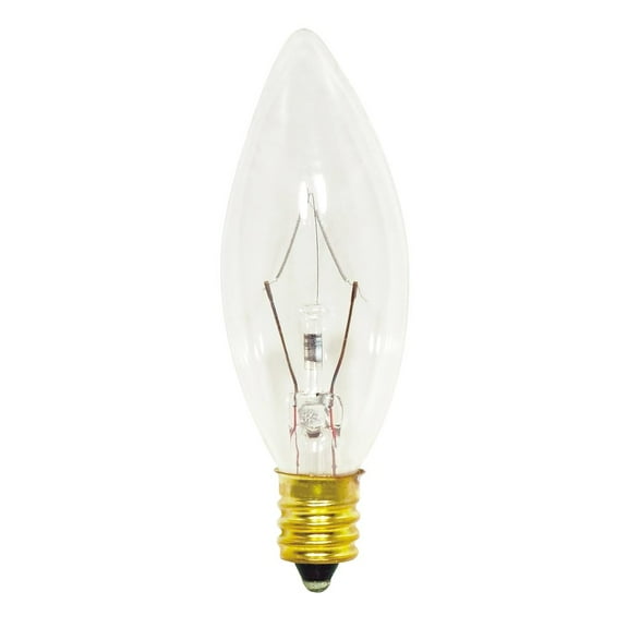 Satco S3345 - 15 watt B8 Incandescent; Clear; 1500 average rated hours; 114 lumens; Candelabra base; 130 volts