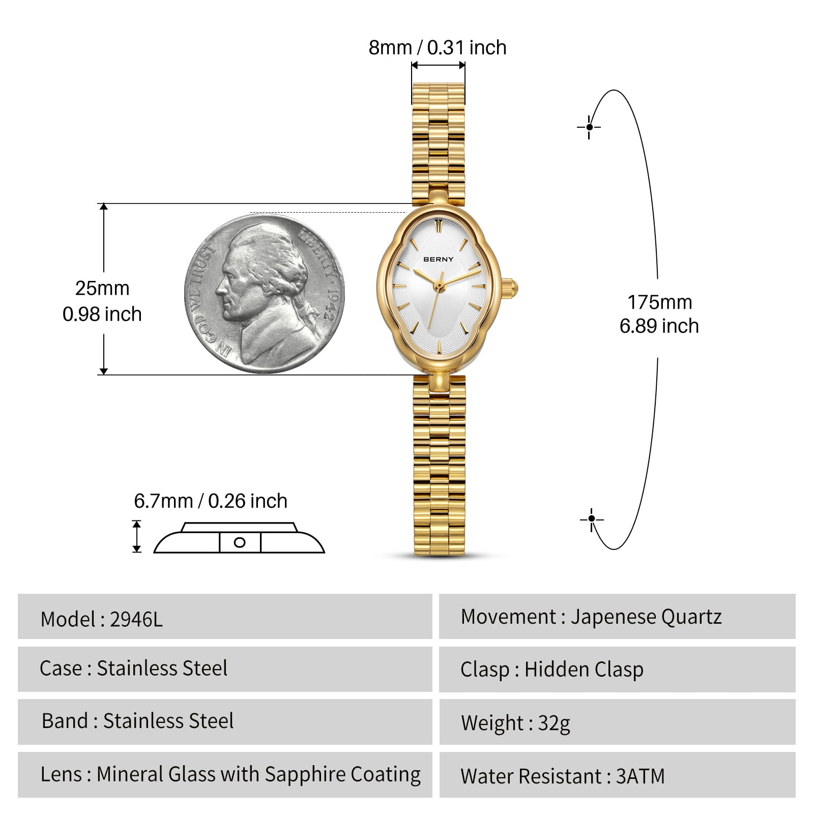 BERNY Small Gold Watches for Women Dainty Vintage Ladies Analog Quartz Bracelet Watch, Adjustment Tool Included Stainless Steel Waterproof, Fashion Luxury Womens Wrist Watches Gifts (White)