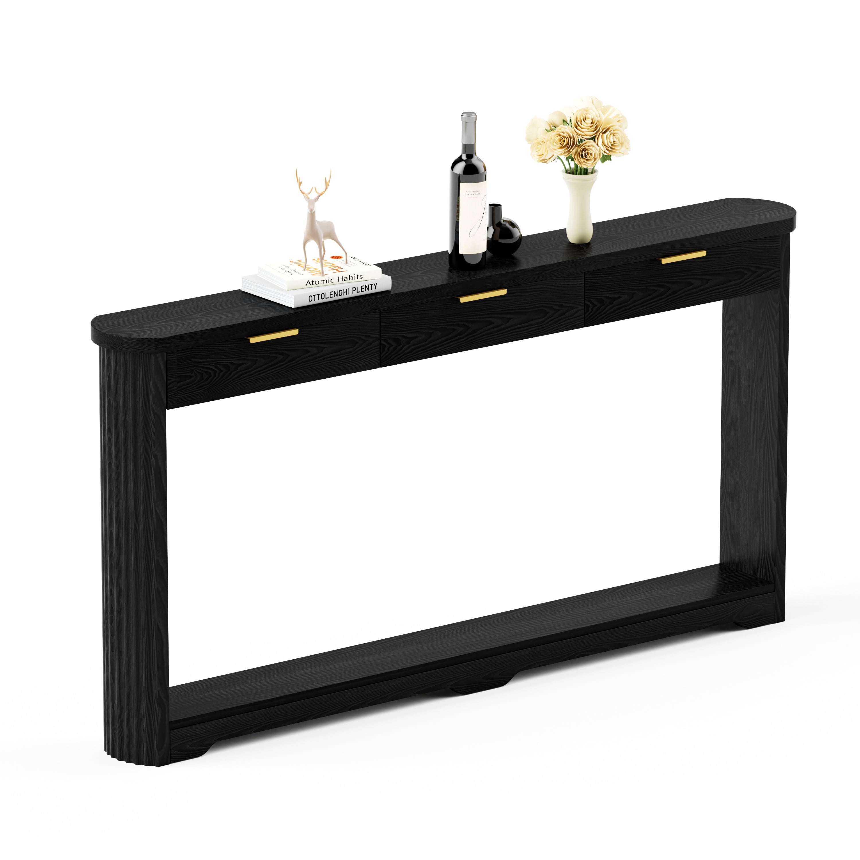 70.1" Wavy-Patterned Storage Table with Drawers; a slim wooden side table that can be placed behind a sofa, ideal for entryways, hallways, and doorways.Black.70.1"L*8.7"W*35.5"H
