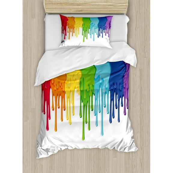 Abstract Twin Size Duvet Cover Set, Rainbow Colored Paint with Leaking Splattered Drops Creative Artsy Graphic Design, Decorative 2 Piece Bedding Set with 1 Pillow Sham, Multicolor, by Ambesonne
