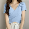 thumbnail image 2 of Blouses For Women, Women's Summer Crop Tops Casual Slim Solid Color V Neck Blouses Basic Short Sleeve Y2K 2026 Going Out Trendy Outfit, 2 of 3