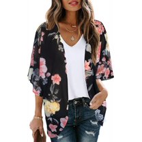 SUCS Women's Floral Print Puff Sleeve Kimono Cardigan Loose Cover Up Casual Blouse Tops