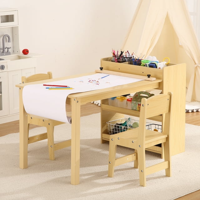 CazToi Kids Wooden Table & 2 Chairs Set Art Craft Activity Desk with Storage Shelves Paper Roller