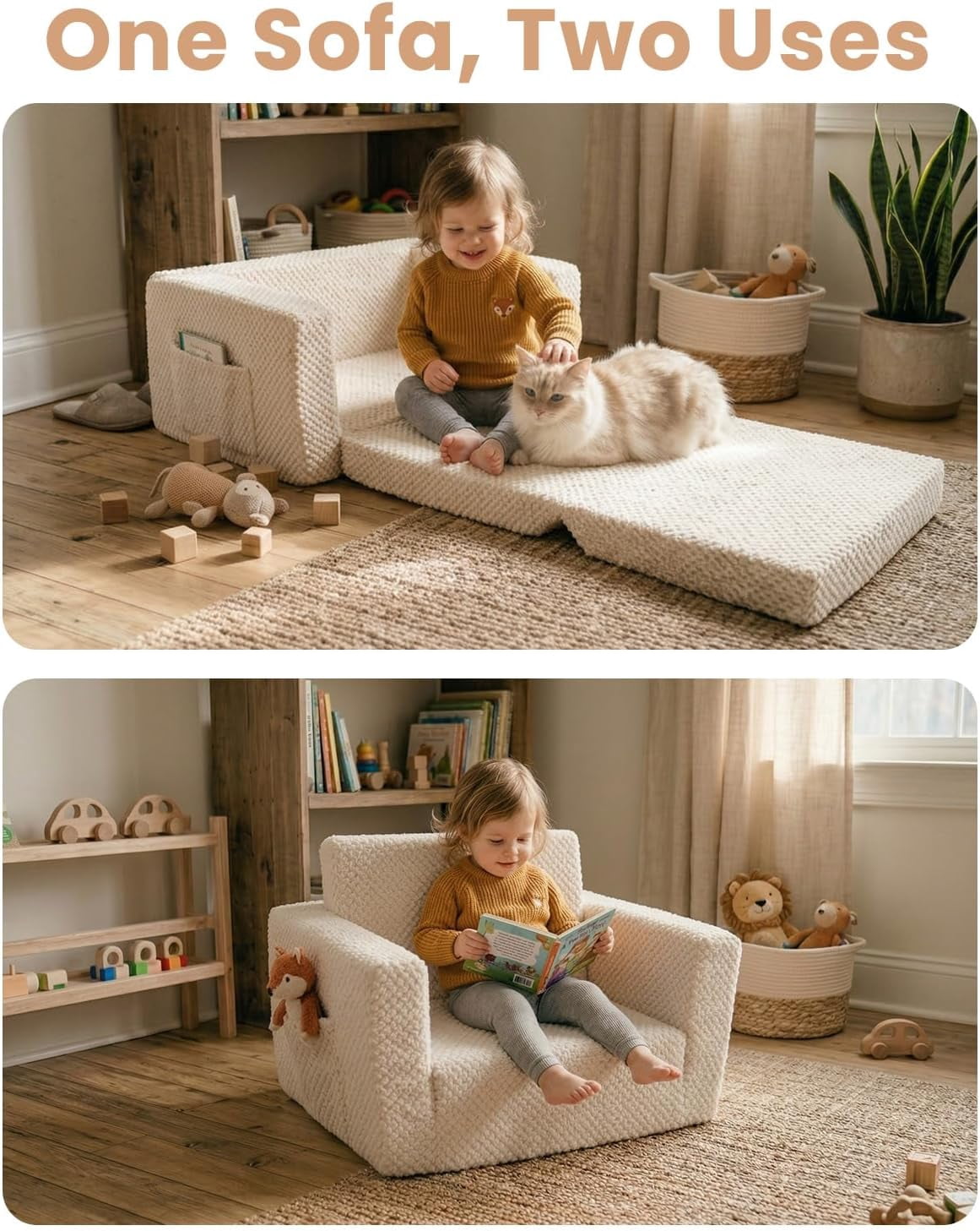 Beavtaens Foldable Toddler Couch with Soft Sherpa Cover, 2-in-1 Comfy Toddler Sofa & Lounger for 1-3 Years Old Girls Boys, Kids Chair with Pockets & Handle for Reading, Playroom, Beige