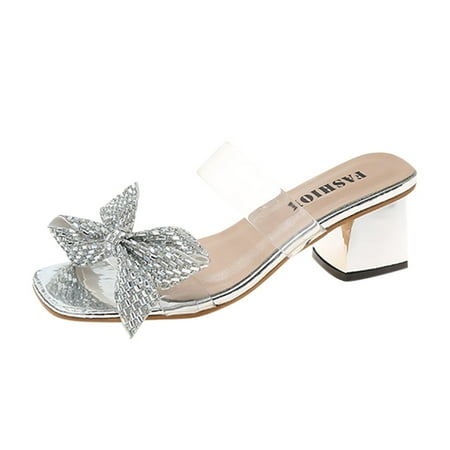

Mackneog Sandals For Women Ladies Chunky Heel High Heel Rhinestone Fish Mouth Sandals Gift on Clearance