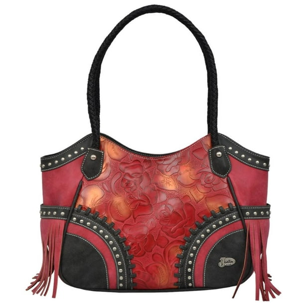 JUSTIN Justin Western Handbag Womens Tote Zip Floral Fringe Red Black