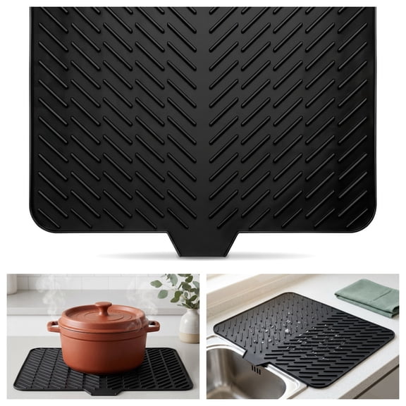 Silicone Drying Mat 23 x 17 Inch with Built-in Drain Lip - Heat-Resistant Non-Slip Dish Drying Pad for Kitchen Counter or Sink, Black