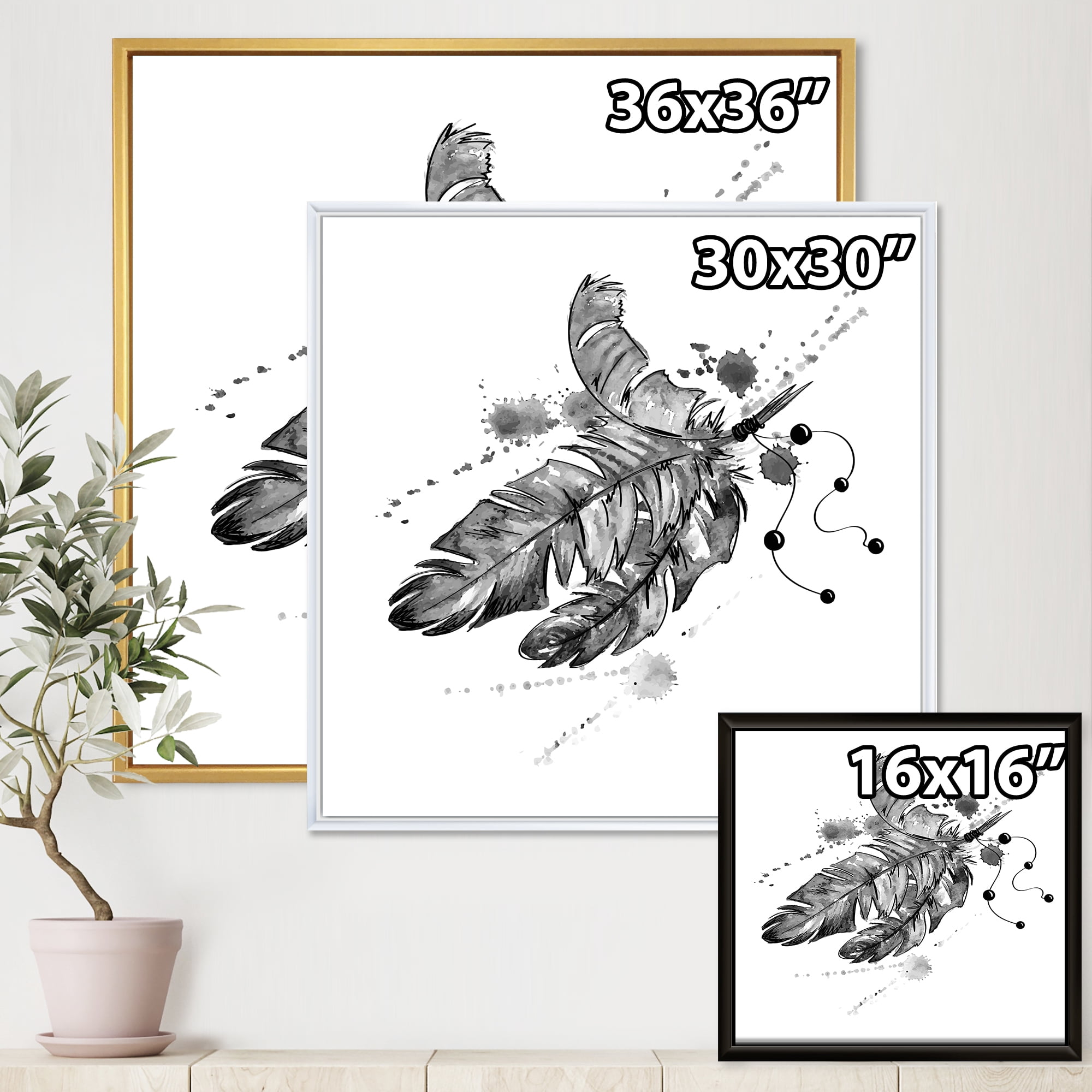 Designart 'Black and White Feathers Impression' Traditional Framed Canvas Wall Art Print