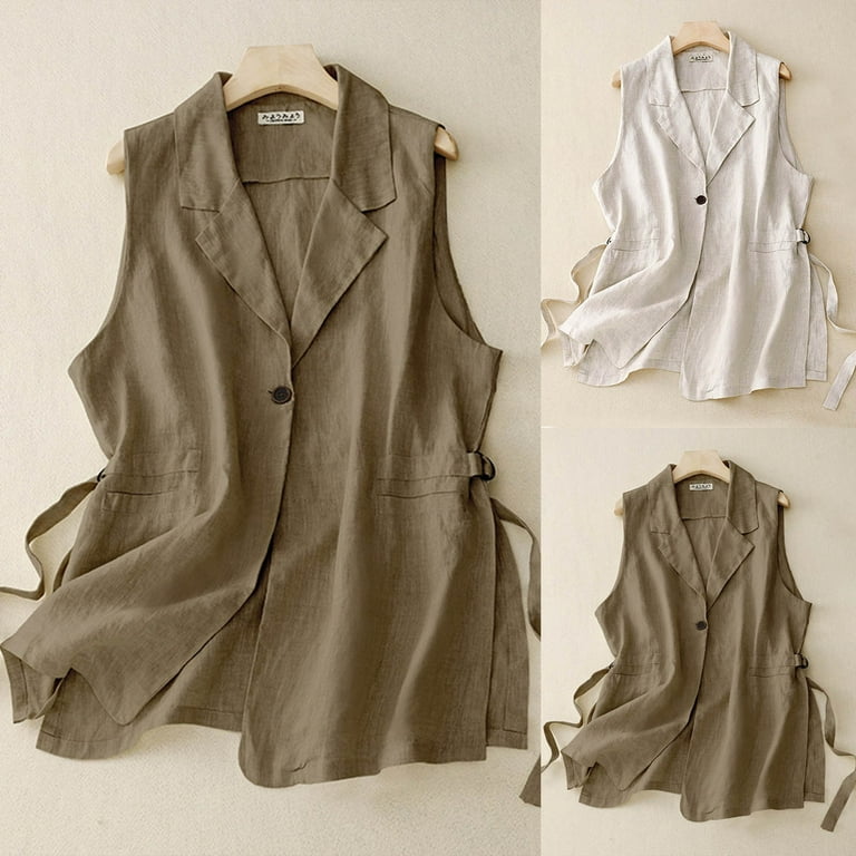 Odeerbi Cotton Linen Suit Vest for Women Summer One Button