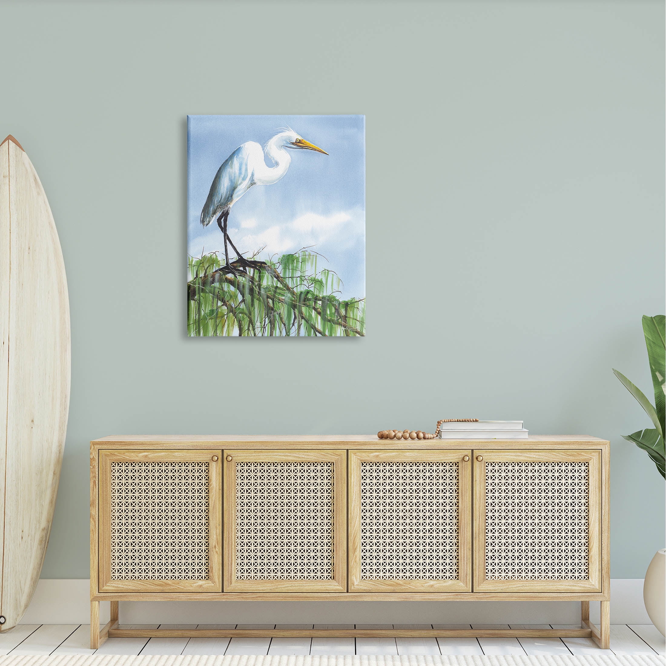 Egret Bird Balancing Branch Animals & Insects Painting Gallery Wrapped Canvas Print Wall Art