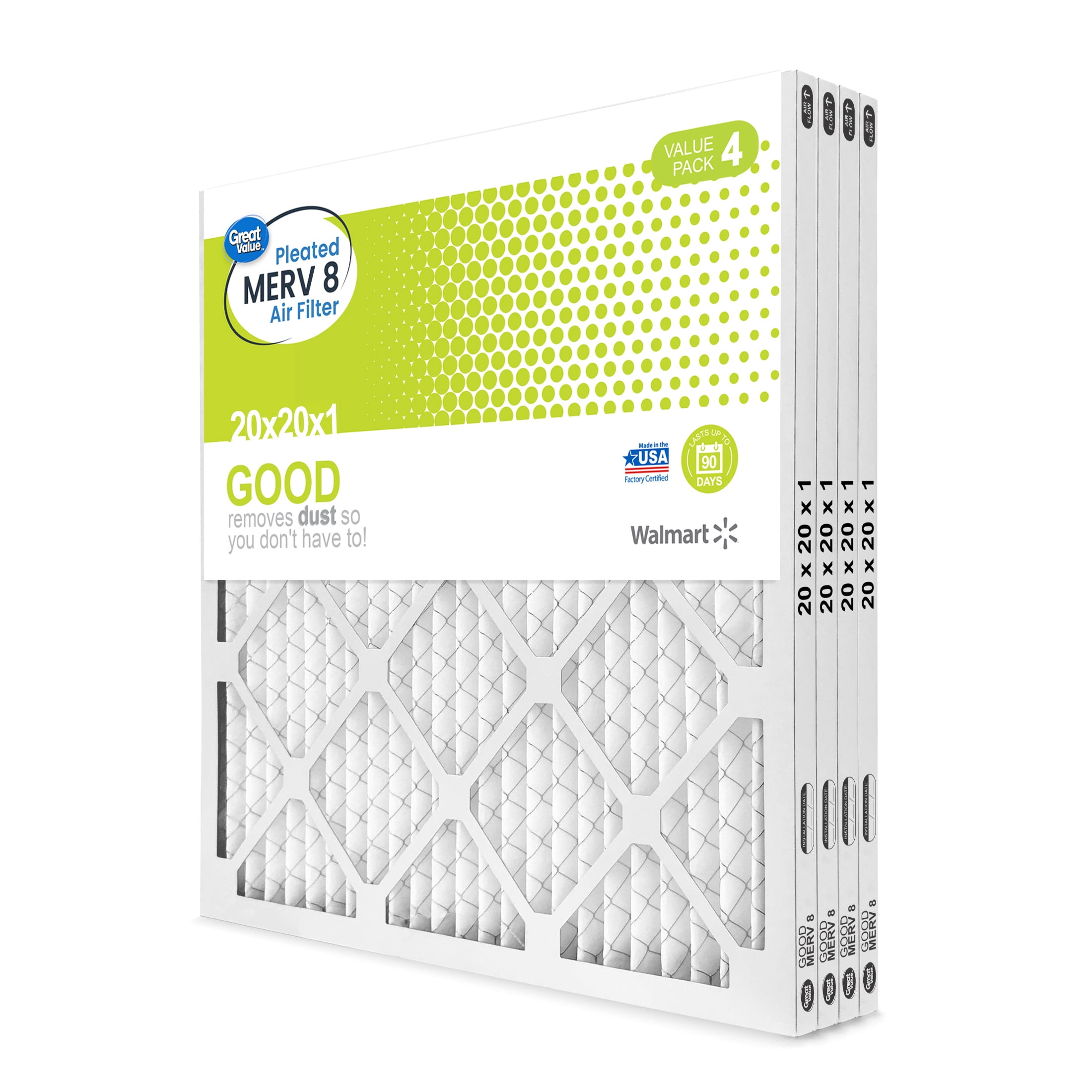 Great Value, 20x20x1, MERV 8 GOOD HVAC Air and Furnace Filter, Captures Dust, 4 Filters