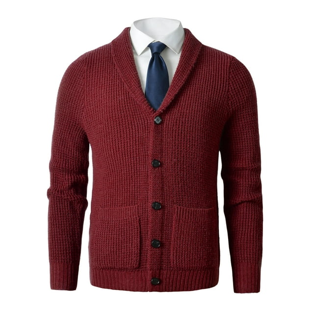 Men's Shawl Collar Cardigan Sweater Slim Fit Cable Knit Button up Merino wool Sweater_Wine Red_Small