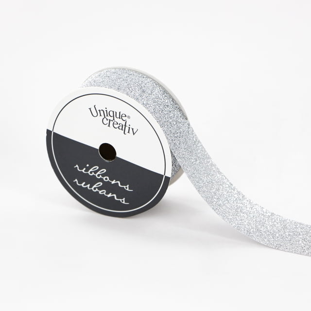 UNIQUE CREATIV Glitter Cut Ribbon, Silver, 25 mm × 4.5 m (1 in × 5 yd)
