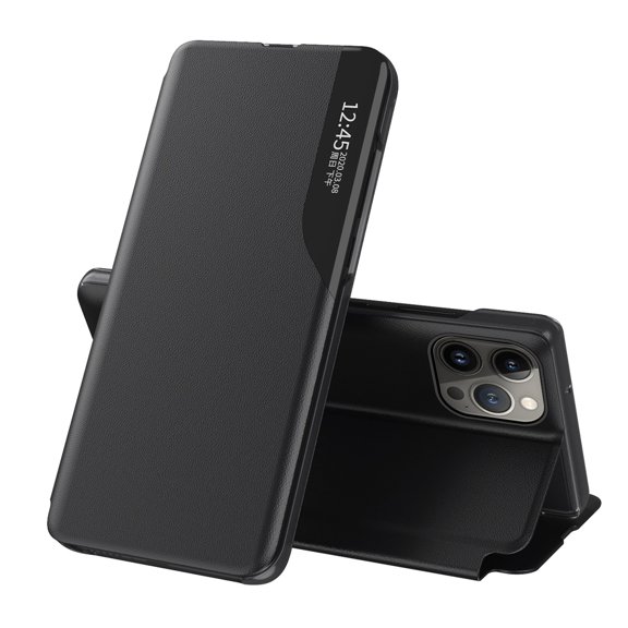 Smart Window Phone Case for Apple iPhone 16 Pro Max, TPU Leather Shockproof Protective with Magnetic Kickstand Phone Cover for Apple iPhone 16 Pro Max, Black