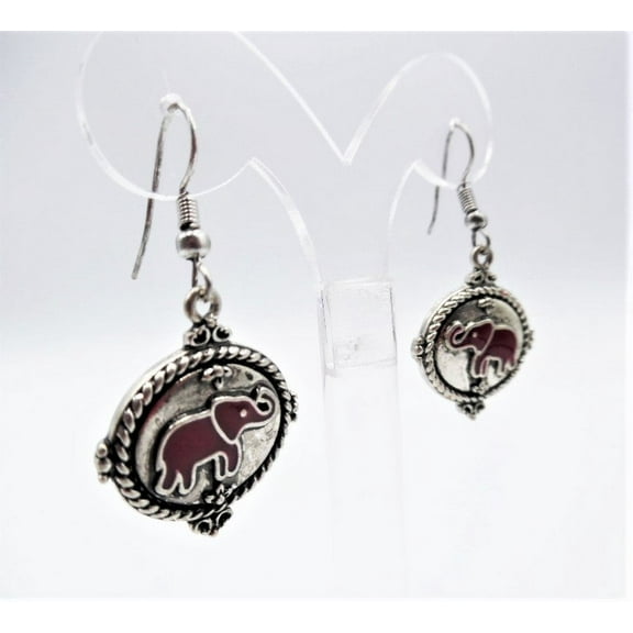 Pierced 1 3/4" silver, red & black elephant dangle earrings
