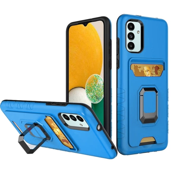 For Samsung Galaxy A13 5G S136DL Card Holder Ring Stand Cover Cell Phone Case Tempered Glass - Blue