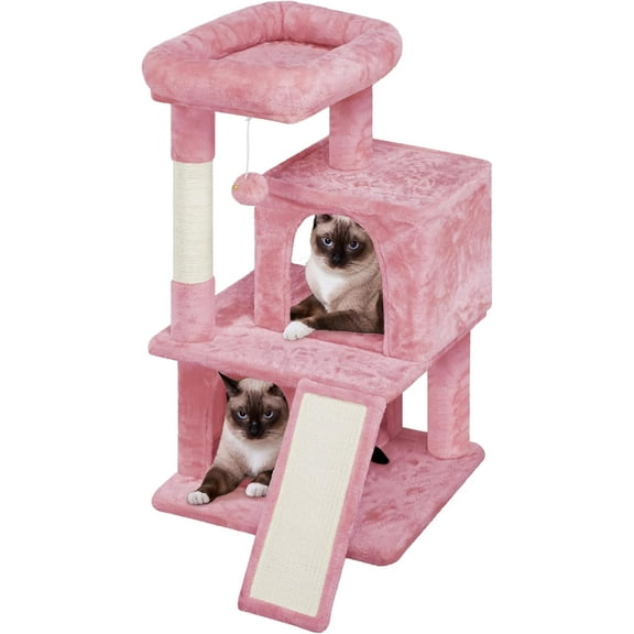 YEXJ 36in Cat Tree Cat Tower Play House Climber Stand Furniture with Scratching Post, Plush Perch, Dangling Ball, Two Condo and Ramp, for Kittens, Cats and Pet-Pink